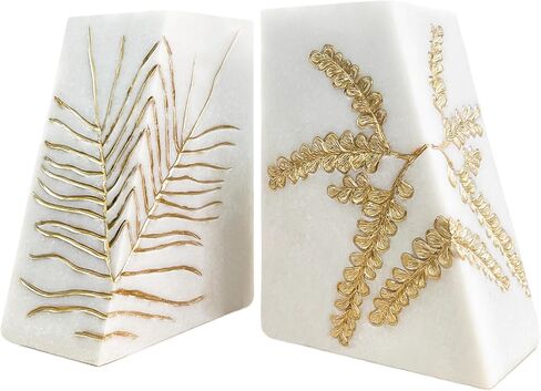 Heavy Duty Book Ends for Shelves, Decorative Book Ends for Heavy Books, Resin Modern Bookends with Marble Texture & Gold Botanical Detail, Minimalist Bookends for Home Decor, Set of 2 in Saudi Arabia