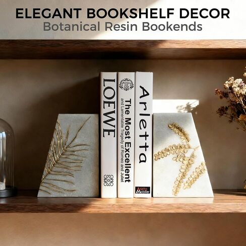 Heavy Duty Book Ends for Shelves, Decorative Book Ends for Heavy Books, Resin Modern Bookends with Marble Texture & Gold Botanical Detail, Minimalist Bookends for Home Decor, Set of 2 in Saudi Arabia