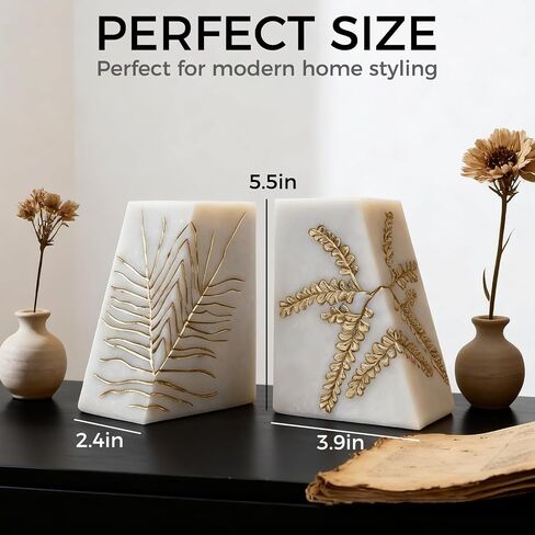 Heavy Duty Book Ends for Shelves, Decorative Book Ends for Heavy Books, Resin Modern Bookends with Marble Texture & Gold Botanical Detail, Minimalist Bookends for Home Decor, Set of 2 in Saudi Arabia
