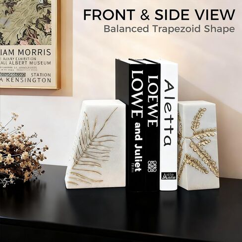 Heavy Duty Book Ends for Shelves, Decorative Book Ends for Heavy Books, Resin Modern Bookends with Marble Texture & Gold Botanical Detail, Minimalist Bookends for Home Decor, Set of 2 in Saudi Arabia
