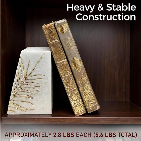 Heavy Duty Book Ends for Shelves, Decorative Book Ends for Heavy Books, Resin Modern Bookends with Marble Texture & Gold Botanical Detail, Minimalist Bookends for Home Decor, Set of 2 in Saudi Arabia
