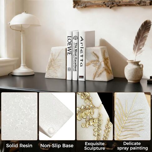 Heavy Duty Book Ends for Shelves, Decorative Book Ends for Heavy Books, Resin Modern Bookends with Marble Texture & Gold Botanical Detail, Minimalist Bookends for Home Decor, Set of 2 in Saudi Arabia