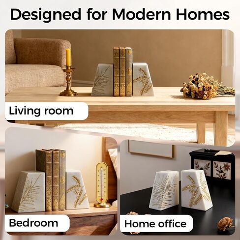 Heavy Duty Book Ends for Shelves, Decorative Book Ends for Heavy Books, Resin Modern Bookends with Marble Texture & Gold Botanical Detail, Minimalist Bookends for Home Decor, Set of 2 in Saudi Arabia