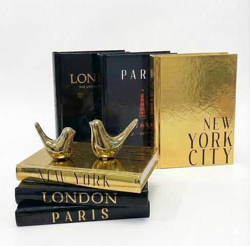 Decorative Books for Home Decor & Coffee Table Book Decor - Set of 3 Real Hardcover Decorative Books (Paris, London, New York) with Gold Ceramic Birds - Modern Shelf Decoration in Saudi Arabia