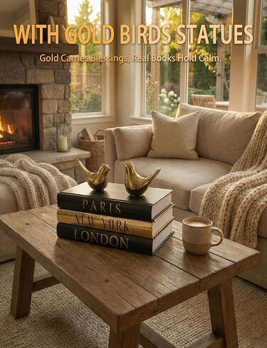 Decorative Books for Home Decor & Coffee Table Book Decor - Set of 3 Real Hardcover Decorative Books (Paris, London, New York) with Gold Ceramic Birds - Modern Shelf Decoration in Saudi Arabia