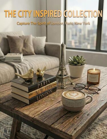 Decorative Books for Home Decor & Coffee Table Book Decor - Set of 3 Real Hardcover Decorative Books (Paris, London, New York) with Gold Ceramic Birds - Modern Shelf Decoration in Saudi Arabia