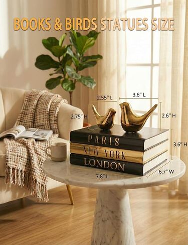 Decorative Books for Home Decor & Coffee Table Book Decor - Set of 3 Real Hardcover Decorative Books (Paris, London, New York) with Gold Ceramic Birds - Modern Shelf Decoration in Saudi Arabia