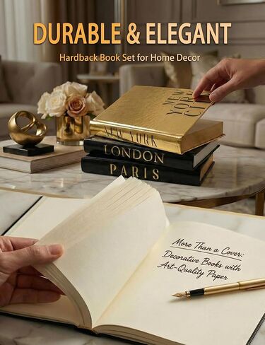 Decorative Books for Home Decor & Coffee Table Book Decor - Set of 3 Real Hardcover Decorative Books (Paris, London, New York) with Gold Ceramic Birds - Modern Shelf Decoration in Saudi Arabia
