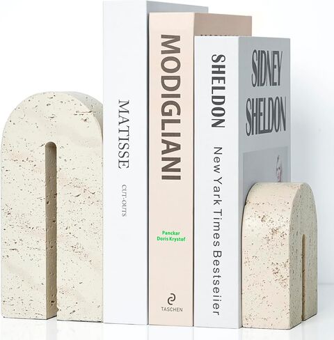 BOHDK Book Ends for Shelves, Resin Heavy Duty Decorative Bookends, Retro Arch Book Holder for Heavy Books, Imitation Travertine Book Stopper for Home Decor, Study, Bookshelf, Desktop, Set of Two in Saudi Arabia