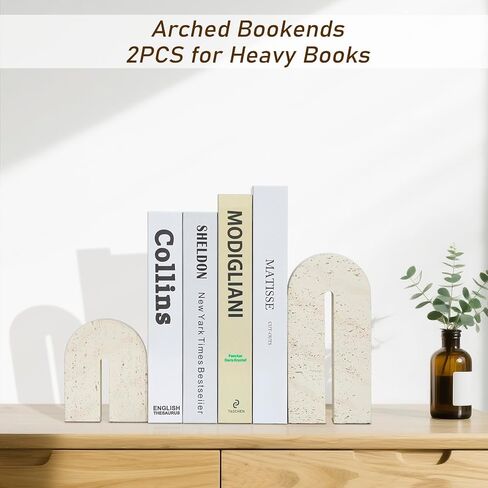 BOHDK Book Ends for Shelves, Resin Heavy Duty Decorative Bookends, Retro Arch Book Holder for Heavy Books, Imitation Travertine Book Stopper for Home Decor, Study, Bookshelf, Desktop, Set of Two in Saudi Arabia
