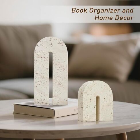 BOHDK Book Ends for Shelves, Resin Heavy Duty Decorative Bookends, Retro Arch Book Holder for Heavy Books, Imitation Travertine Book Stopper for Home Decor, Study, Bookshelf, Desktop, Set of Two in Saudi Arabia