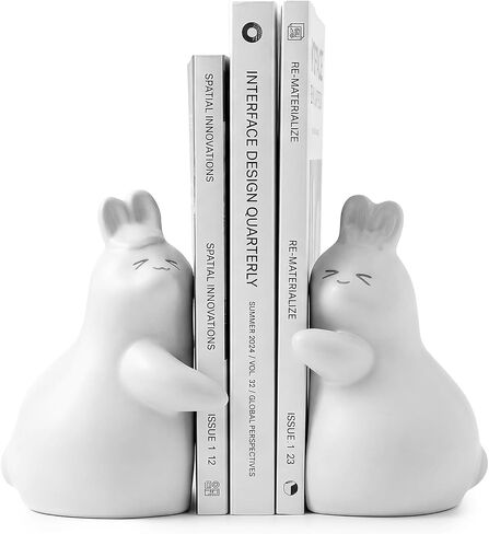 Cute Rabbit Decorative Bookends White, Ceramic Unique Book Holders for Shelves, Heavy Duty Book Ends Stopper for Home Office Desk Bookshelf Decoration in Saudi Arabia