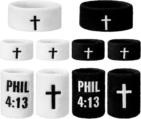 Unittype 10 Pcs Christian Cross Sweatband Set Black White Religious Faith Headband Wristbands Bicep Armbands Absorbent Cotton Sports Accessories for Men Women Athletes Gym Basketball Football in Kuwait