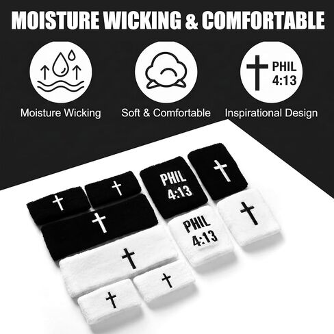 Unittype 10 Pcs Christian Cross Sweatband Set Black White Religious Faith Headband Wristbands Bicep Armbands Absorbent Cotton Sports Accessories for Men Women Athletes Gym Basketball Football in Kuwait