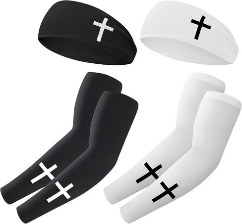 4 Pack Faith Cross Headbands and Arm Sleeves Christian Compression Cooling Arm Sleeves Athletic Sweat Bands for Men Women Running Yoga Fitness Workout in Kuwait