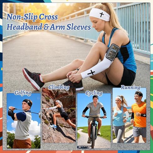 4 Pack Faith Cross Headbands and Arm Sleeves Christian Compression Cooling Arm Sleeves Athletic Sweat Bands for Men Women Running Yoga Fitness Workout in Kuwait