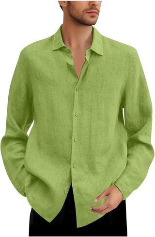 Mens Long Sleeve Shirt Work Casual Cotton Linen Button Up Dress Shirts Regular Fit Lapel Clothes in Big and Tall in Saudi Arabia