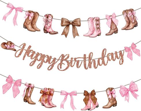 Happy Birthday Banner Decorations – Brown Glitter Letter Garland with Pink Bow and Cowgirl Boots Hanging Banner for Birthday Party, Western Theme Party, Baby Shower, and Celebration Decorations in Saudi Arabia