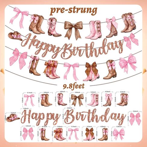 Happy Birthday Banner Decorations – Brown Glitter Letter Garland with Pink Bow and Cowgirl Boots Hanging Banner for Birthday Party, Western Theme Party, Baby Shower, and Celebration Decorations in Saudi Arabia