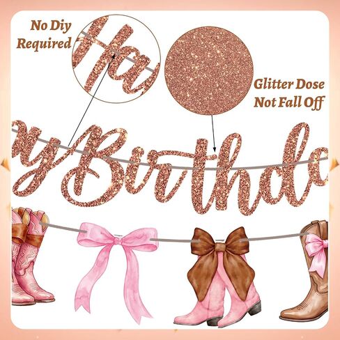 Happy Birthday Banner Decorations – Brown Glitter Letter Garland with Pink Bow and Cowgirl Boots Hanging Banner for Birthday Party, Western Theme Party, Baby Shower, and Celebration Decorations in Saudi Arabia