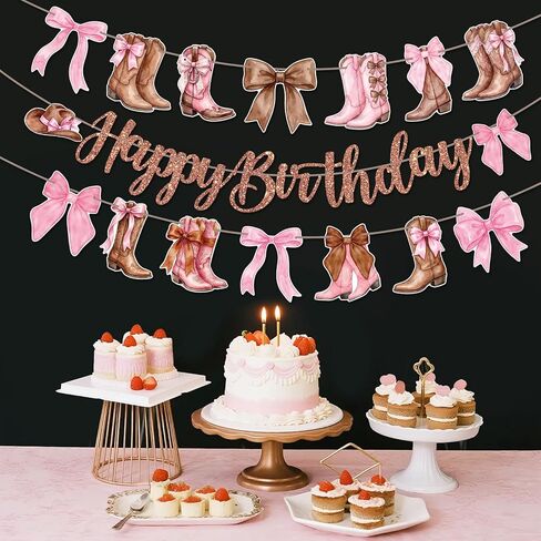 Happy Birthday Banner Decorations – Brown Glitter Letter Garland with Pink Bow and Cowgirl Boots Hanging Banner for Birthday Party, Western Theme Party, Baby Shower, and Celebration Decorations in Saudi Arabia