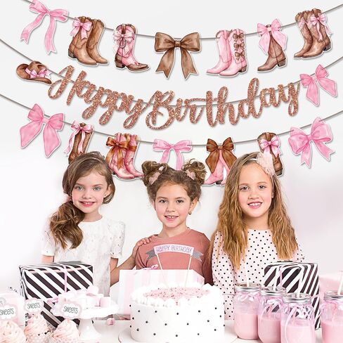 Happy Birthday Banner Decorations – Brown Glitter Letter Garland with Pink Bow and Cowgirl Boots Hanging Banner for Birthday Party, Western Theme Party, Baby Shower, and Celebration Decorations in Saudi Arabia
