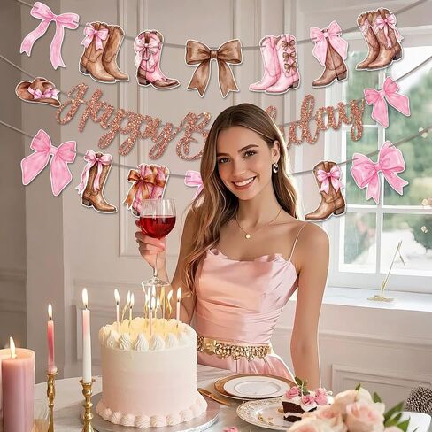 Happy Birthday Banner Decorations – Brown Glitter Letter Garland with Pink Bow and Cowgirl Boots Hanging Banner for Birthday Party, Western Theme Party, Baby Shower, and Celebration Decorations in Saudi Arabia