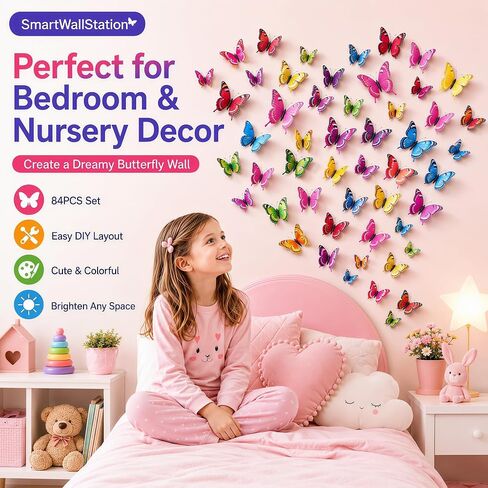 84 x PCS Butterfly Wall Stickers with Magnets/Gule 3D Butterflies (No Damage) Wall Decor for Living Room Bedroom,DIY for Birthday Wedding Party Decoration, Colorful Blue Pink Yellow Green in Kuwait