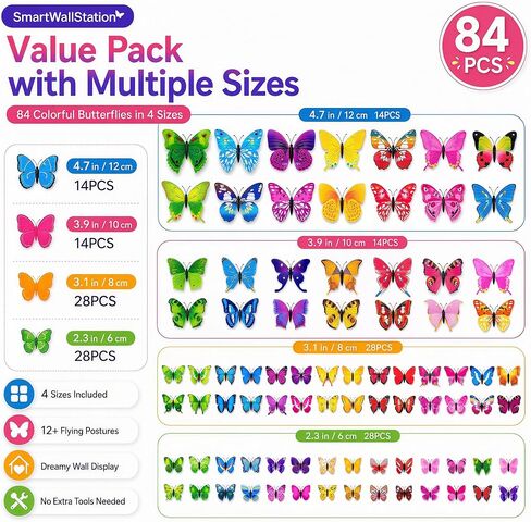 84 x PCS Butterfly Wall Stickers with Magnets/Gule 3D Butterflies (No Damage) Wall Decor for Living Room Bedroom,DIY for Birthday Wedding Party Decoration, Colorful Blue Pink Yellow Green in Kuwait