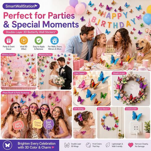 84 x PCS Butterfly Wall Stickers with Magnets/Gule 3D Butterflies (No Damage) Wall Decor for Living Room Bedroom,DIY for Birthday Wedding Party Decoration, Colorful Blue Pink Yellow Green in Kuwait