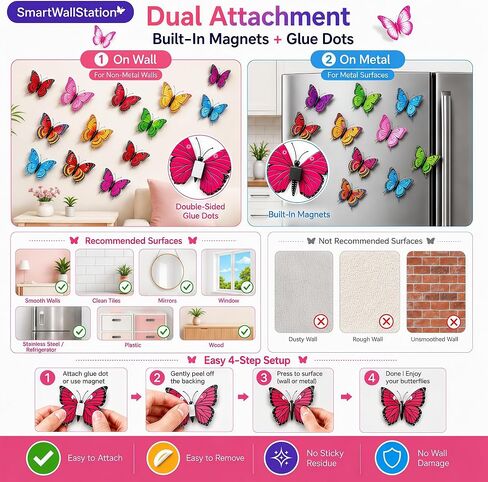 84 x PCS Butterfly Wall Stickers with Magnets/Gule 3D Butterflies (No Damage) Wall Decor for Living Room Bedroom,DIY for Birthday Wedding Party Decoration, Colorful Blue Pink Yellow Green in Kuwait