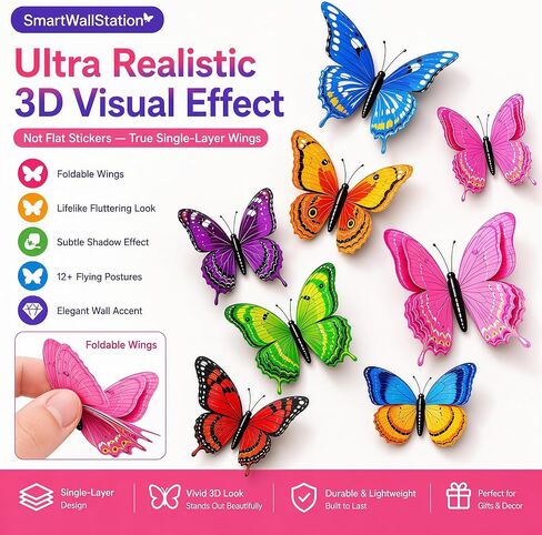 84 x PCS Butterfly Wall Stickers with Magnets/Gule 3D Butterflies (No Damage) Wall Decor for Living Room Bedroom,DIY for Birthday Wedding Party Decoration, Colorful Blue Pink Yellow Green in Kuwait