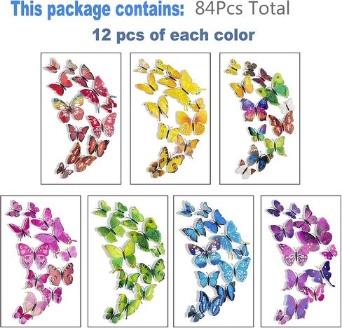 84 x PCS Butterfly Wall Stickers with Magnets/Gule 3D Butterflies (No Damage) Wall Decor for Living Room Bedroom,DIY for Birthday Wedding Party Decoration, Colorful Blue Pink Yellow Green in Kuwait