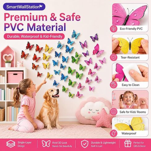 84 x PCS Butterfly Wall Stickers with Magnets/Gule 3D Butterflies (No Damage) Wall Decor for Living Room Bedroom,DIY for Birthday Wedding Party Decoration, Colorful Blue Pink Yellow Green in Kuwait