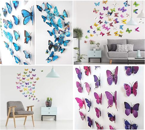 84 x PCS Butterfly Wall Stickers with Magnets/Gule 3D Butterflies (No Damage) Wall Decor for Living Room Bedroom,DIY for Birthday Wedding Party Decoration, Colorful Blue Pink Yellow Green in Kuwait