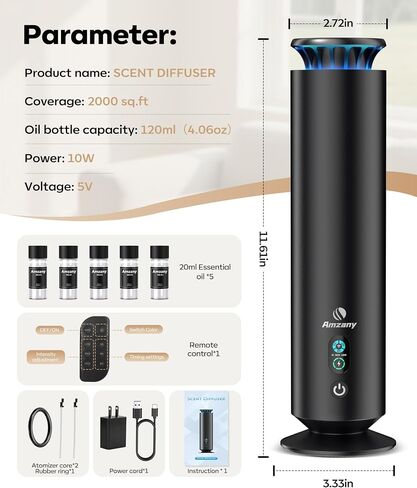 Waterless Scent Diffuser Kit,Scent Diffuser with 7 Lights and Breathing Lights Modes,Max Coverage 2000 sq.ft.Home,Offices,Hotels and Spas Aromatherapy Diffuser Included 5 Scent Oils Remote Control in Saudi Arabia