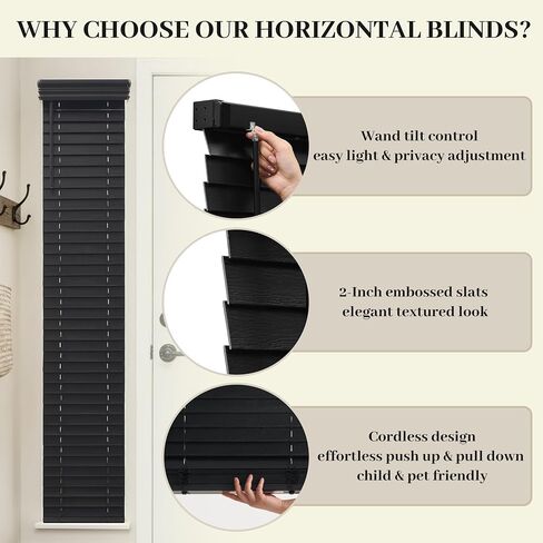 MR.DANCE 2 Inch Cordless Faux Wood Black Blinds for Indoor Windows, 34" W x 72" H, Embossed Design, Waterproof & Room Darkening, Pull Down Window Blinds for Bedroom, Living Room, Kitchen, Bathroom in Kuwait