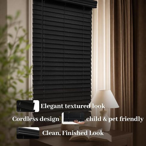 MR.DANCE 2 Inch Cordless Faux Wood Black Blinds for Indoor Windows, 34" W x 72" H, Embossed Design, Waterproof & Room Darkening, Pull Down Window Blinds for Bedroom, Living Room, Kitchen, Bathroom in Kuwait