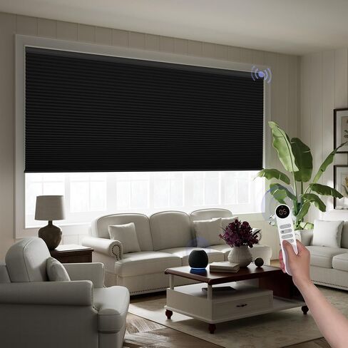 Boolegon Motorized Blinds with Remote, 100% Blackout Smart Blinds, Automatic Cellular Shades for Windows, Rechargeable Electric Honeycomb Shades for Home,Blackout Black,Custom Size in Kuwait