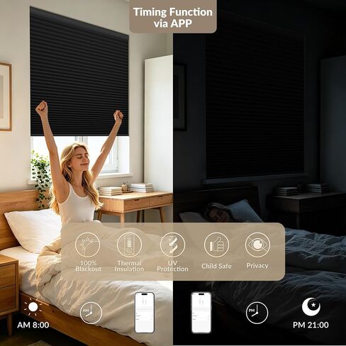 Boolegon Motorized Blinds with Remote, 100% Blackout Smart Blinds, Automatic Cellular Shades for Windows, Rechargeable Electric Honeycomb Shades for Home,Blackout Black,Custom Size in Kuwait