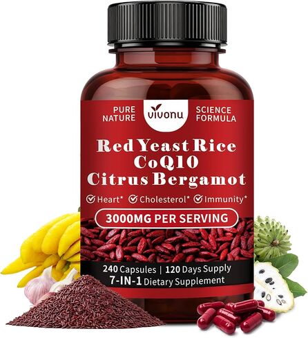 VivoNu Red Yeast Rice with CoQ10, Citrus Bergamot Supplements* | 3000mg Red Yeast Rice, Citrus Bergamot, CoQ10, 240 Capsules in Kuwait