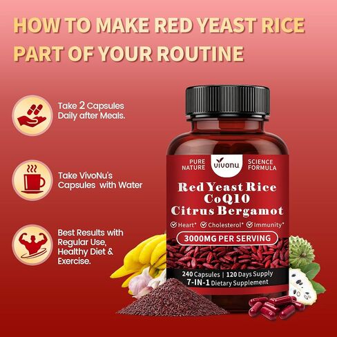 VivoNu Red Yeast Rice with CoQ10, Citrus Bergamot Supplements* | 3000mg Red Yeast Rice, Citrus Bergamot, CoQ10, 240 Capsules in Kuwait