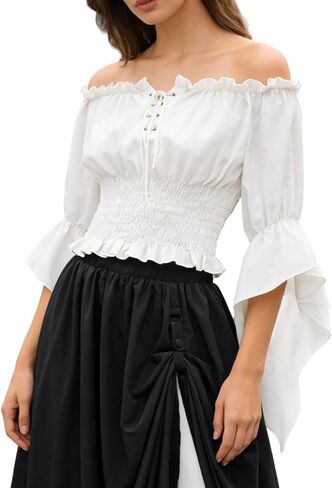 Womens Pirate Medieval Blouse Off Shoulder Long Bell Sleeve Renaissance Top Vintage Lace Up Peasant Shirt in Kuwait