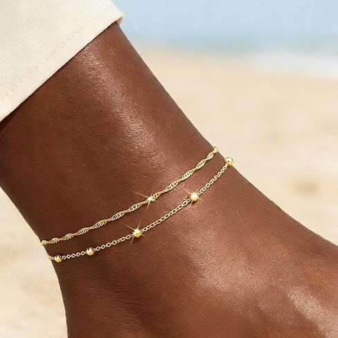 Ronglry 2PCS 14K Gold Plated Ankle Bracelets for Women Waterproof Layered Dainty Anklets Beach Jewelry for Women Vacation Accessories for Summer Outfits in Kuwait