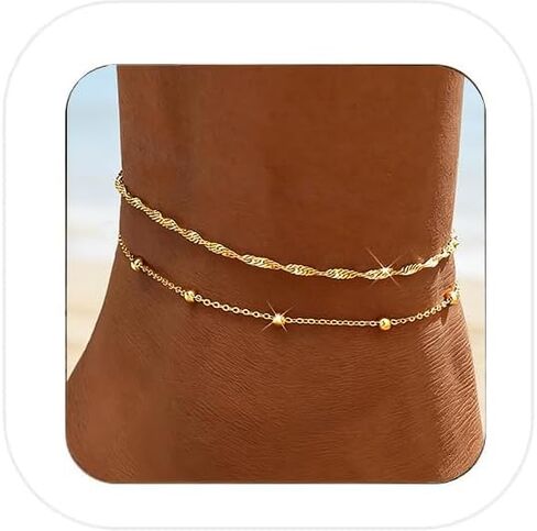 Ronglry 2PCS 14K Gold Plated Ankle Bracelets for Women Waterproof Layered Dainty Anklets Beach Jewelry for Women Vacation Accessories for Summer Outfits in Kuwait