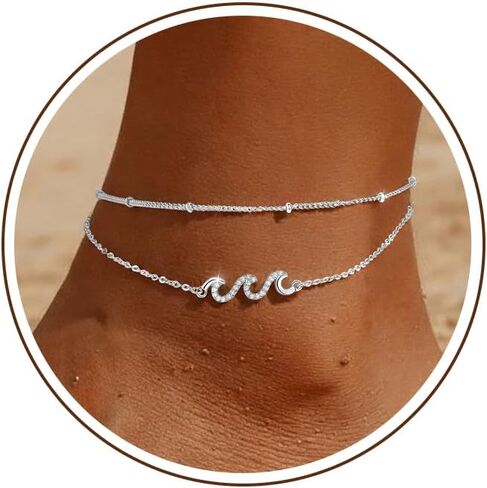 Sterling Silver Ankle Bracelets for Women 14k Gold Plated Waterproof Layered Stackable Non Tarnish Wave CZ Charm Adjustable Anklet for Summer Beach Birthday Jewelry Gift in Kuwait