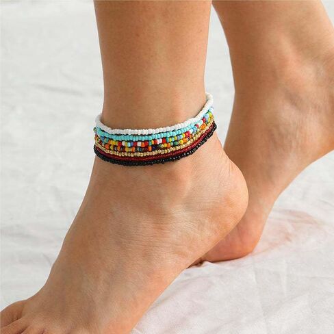 Anklet Bracelets for Women Boho Beaded Layered Ankle Bracelets Stack Summer Beach Waterproof Jewelry in Saudi Arabia