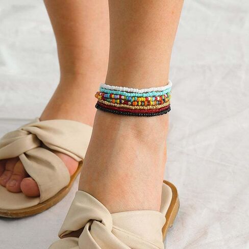 Anklet Bracelets for Women Boho Beaded Layered Ankle Bracelets Stack Summer Beach Waterproof Jewelry in Saudi Arabia