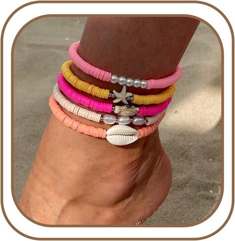 Anklet Bracelets for Women Boho Beaded Layered Ankle Bracelets Stack Summer Beach Waterproof Jewelry in Saudi Arabia