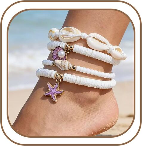 Anklet Bracelets for Women Boho Beaded Layered Ankle Bracelets Stack Summer Beach Waterproof Jewelry in Saudi Arabia